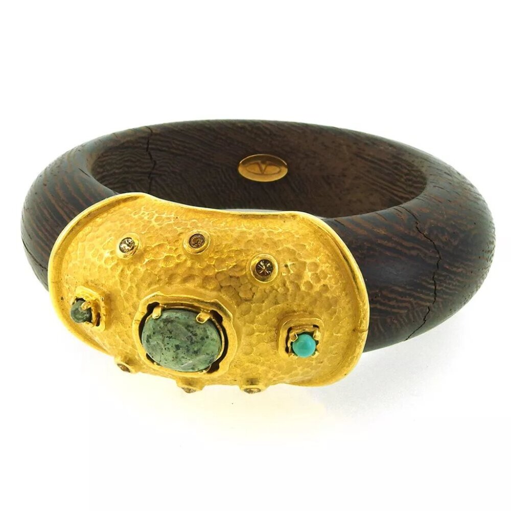 VALENTINO GARAVANI bangle Wood Wood ?~ gold metal fittings Authentic used C3910